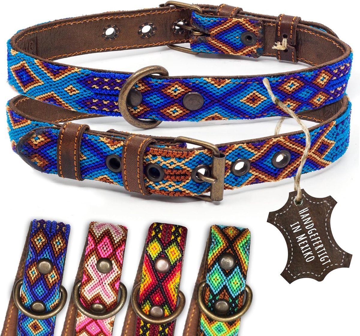 SnelShoppen - Hondenhalsband Leer - Bruin Koeienleer - Tribale Blauwe Borduring - Handgemaakt in Mexico - Maat M voor Middelgrote Honden - Comfortabel