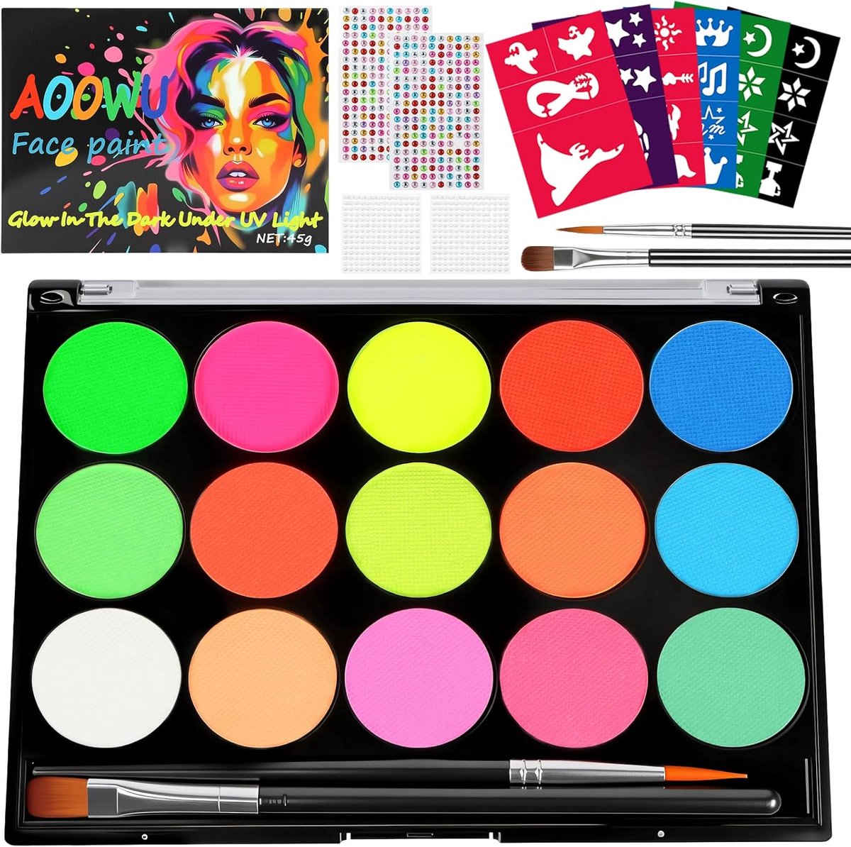 SnelShoppen - Kinderen Gezichtsverf Set, 15 Kleurige Wasbare Bodyverf, Make-up Set met 2 Kwasten, 41 Sjablonen en 4 Rhinestones voor Feest, Halloween,
