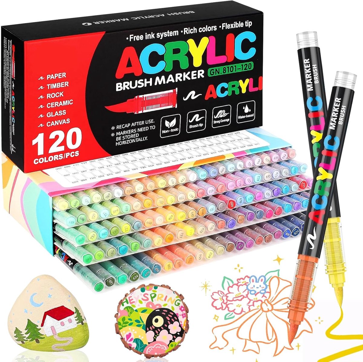 SnelShoppen - 120 Kleuren Acryl Brush Markers Set, Verf Pennen voor Steen, Hout, Glas, Keramiek, Stof, Watergedragen Acryl Verf met Flexibele Borstelp