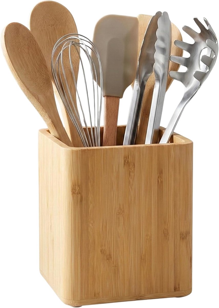 SnelShoppen - Grote Bamboo Keukenhouder, Houten Keukenaccessoires Organizer, Ruimte voor Keuken Gereedschap, 16.5cm H x 14cm x 14cm, Scandinavisch Des