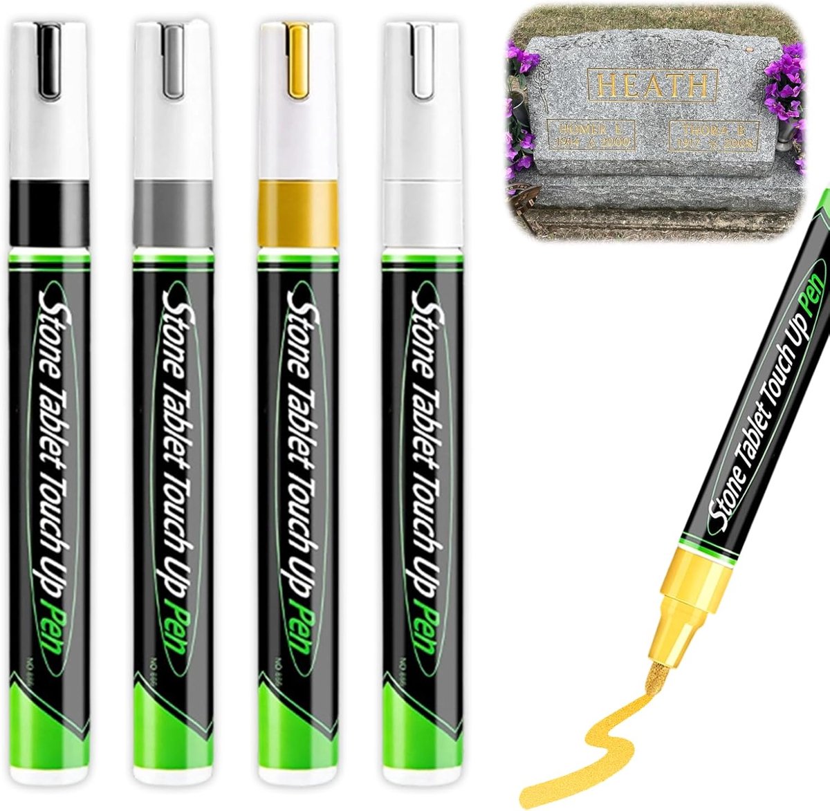 Thijox - Set van 4 Grafsteenmarkers, Waterbestendige en Hittebestendige Lakstiften voor Grafsteen en Metaal, Sneldrogende Inscriptiestiften voor Grani