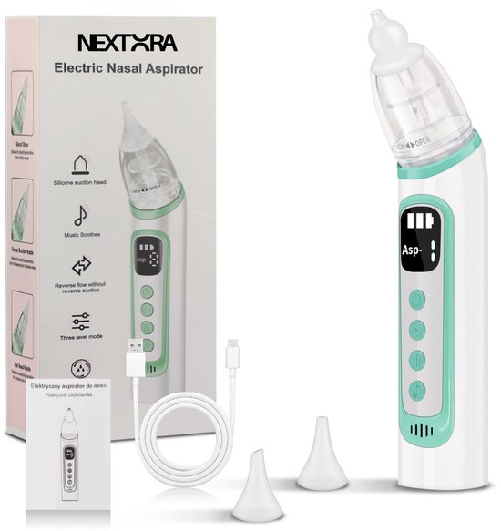 Wit-met-groene elektrische neusreiniger, USB-kabel, 2 opzetstukken, en de verpakking. 'Nextora Electric Nasal Aspirator'.