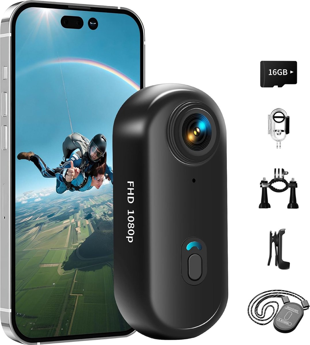 SnelShoppen - Action Cam 1080P met 16 GB Geheugenkaart - Mini Onderwatercamera Waterdicht tot 30m - 360° Helmcamera voor Fiets, Handsfree POV, Bodycam