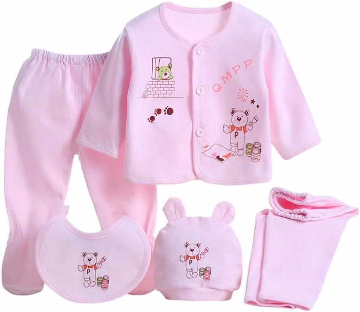 SnelShoppen - 5-delige Set voor Pasgeboren Baby Jongens en Meisjes - Katoenen T-shirt, Muts, Broek en Playsuit Outfit - Perfect voor Feestjes, Dagelij