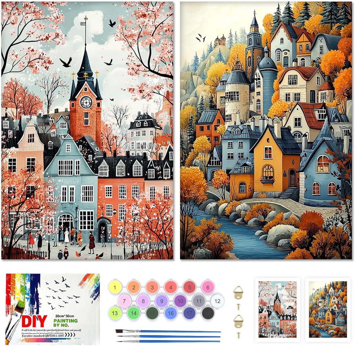 SnelShoppen - Schilderen op nummer-set voor volwassenen en kinderen, 2 stuks, 20 x 30 cm, acrylverf, kunst voor beginners, creatieve hobby, schilderfe