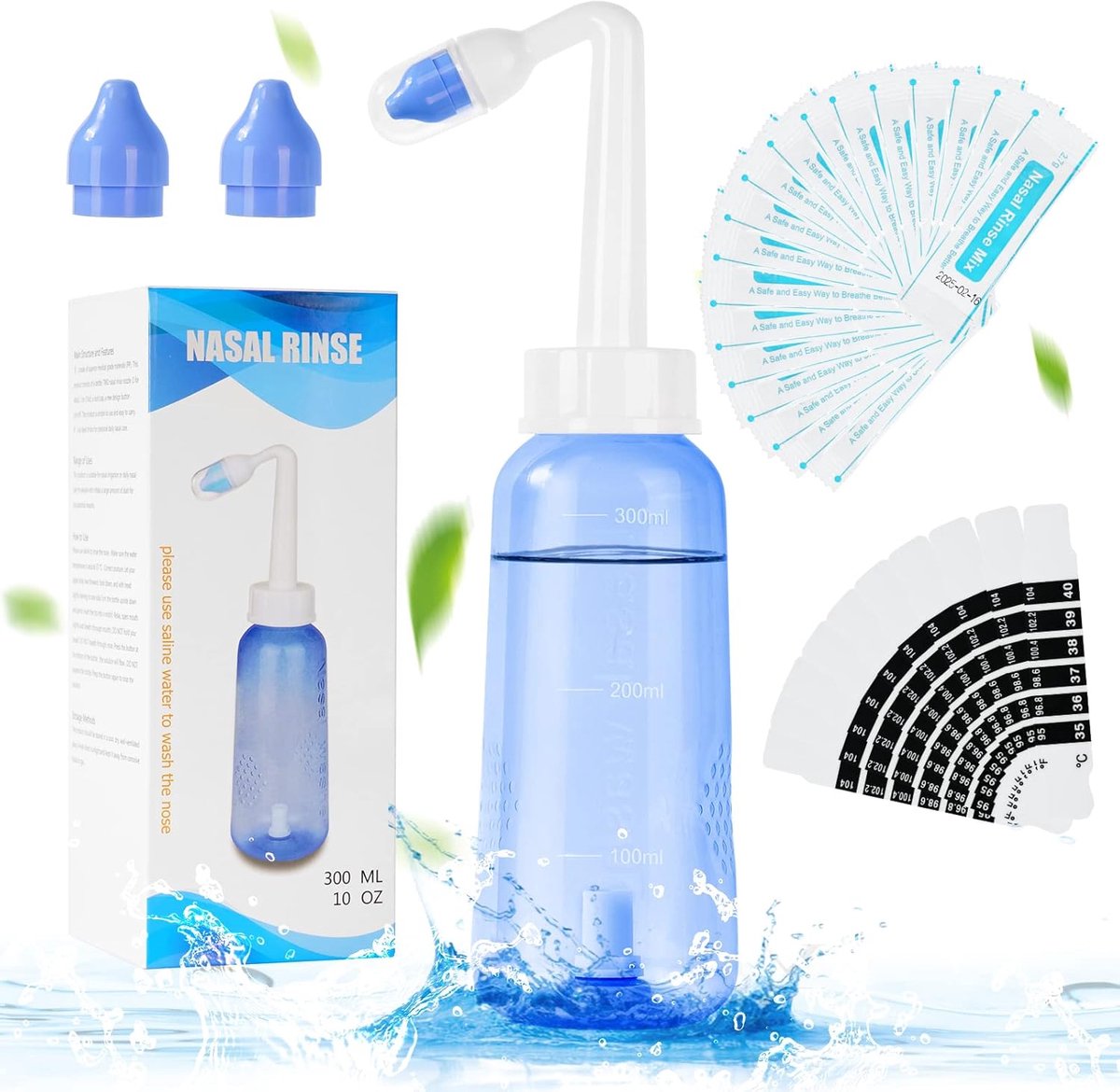 SnelShoppen - URAQT Neti Pot Neusspoelset - 300ml Neusspoelreiniger met 20 Neusspoelzoutpakketten & 10 Thermometerstickers - Drukspoeling Neusirrigati
