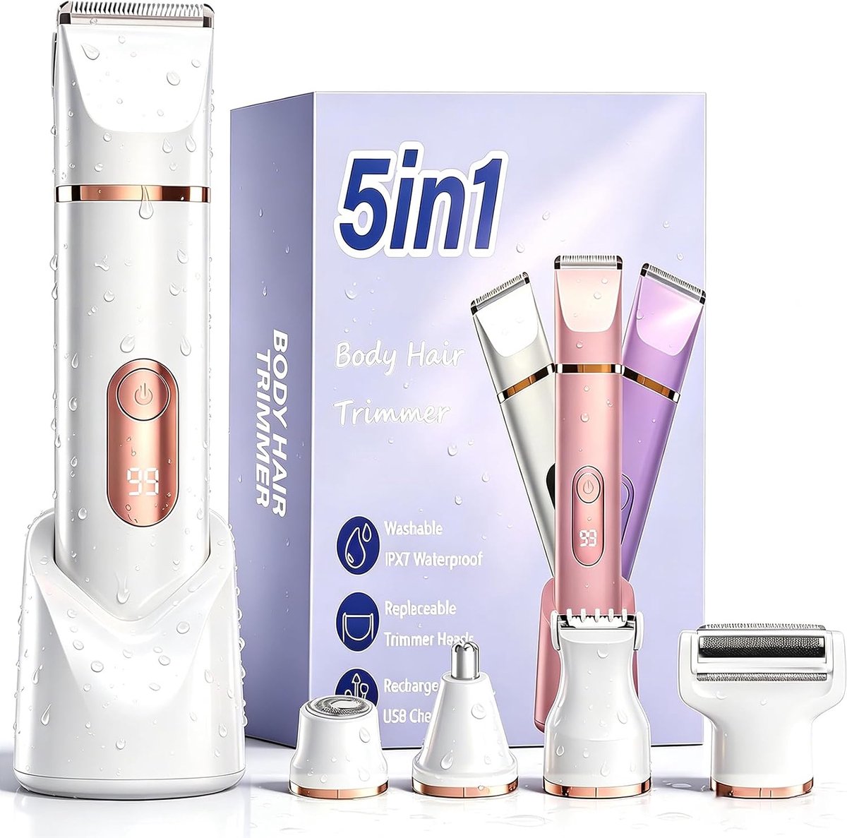 SnelShoppen - 5-in-1 Elektrische Damesscheerapparaat, Intiemscheerder voor Vrouwen, Bikini Trimmer voor Lichaam & Gezicht met LED-display, IPX7 Waterd