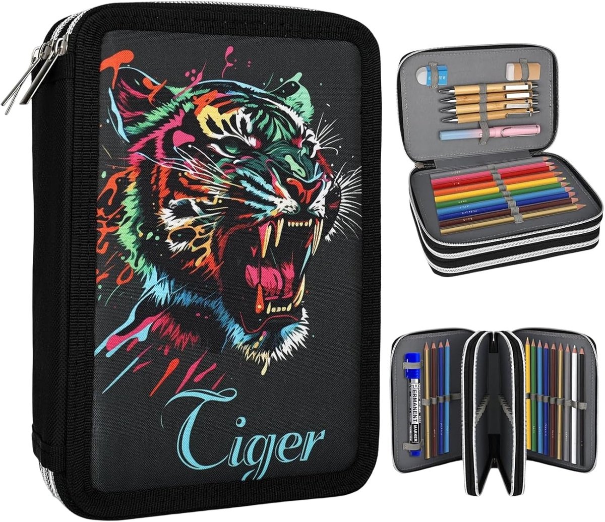 SnelShoppen - Etui met 3 vakken - vierkant, meerlaags, grote capaciteit, zwart, voor school, kinderen, jongens, meisjes, 57 vakjes, kleurrijk tijgerde
