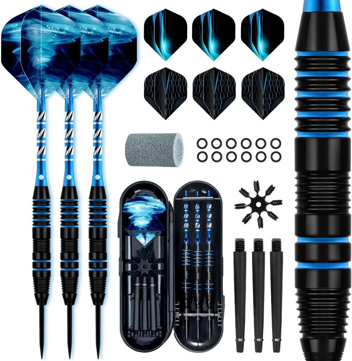 SnelShoppen - Professionele Darts Set 22g - 3 Pack Stalen Tip Darts + 9 Dart Flights, 3 Aluminium Shafts & Reserve Shafts, Dartslijper, 12 Rubber O-ri
