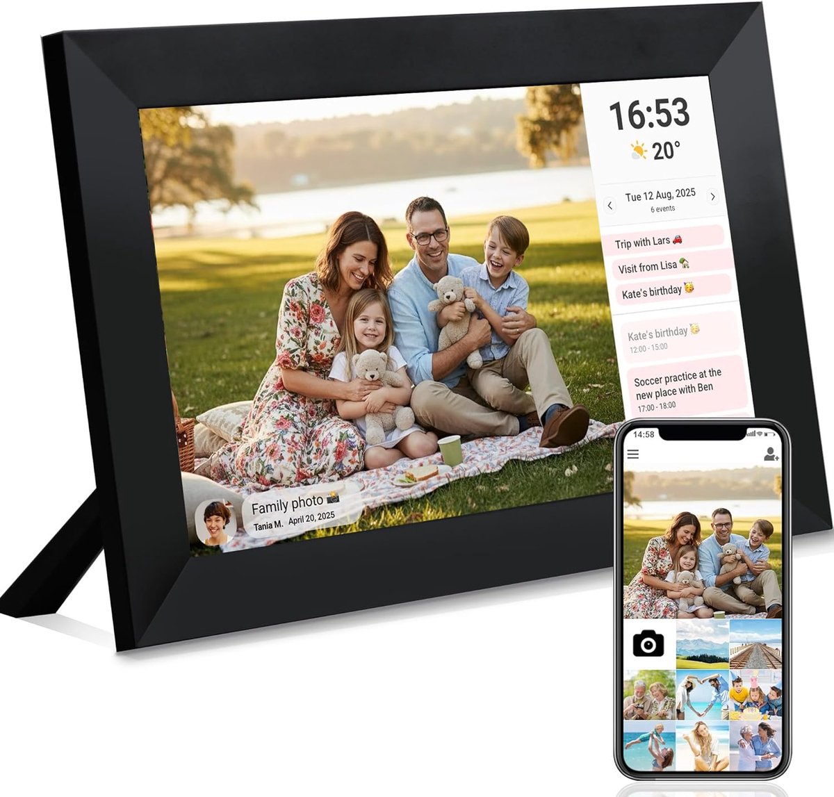 SnelShoppen - Veidoo 10,1 inch digitale fotolijst WiFi 32GB met 1280x800 HD touchscreen, automatische rotatie, Frameo app ondersteuning, zwart, ideaal