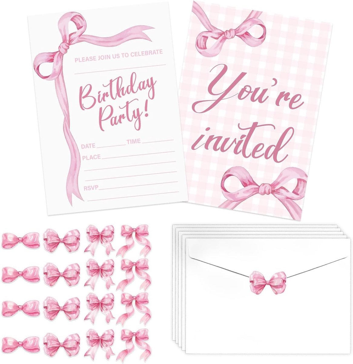 SnelShoppen - Roze Boog Verjaardagsuitnodigingen voor Meisjes, 20 Sets Bowknot Uitnodigingskaarten met Stickers en Enveloppen voor Verjaardagsfeest, B
