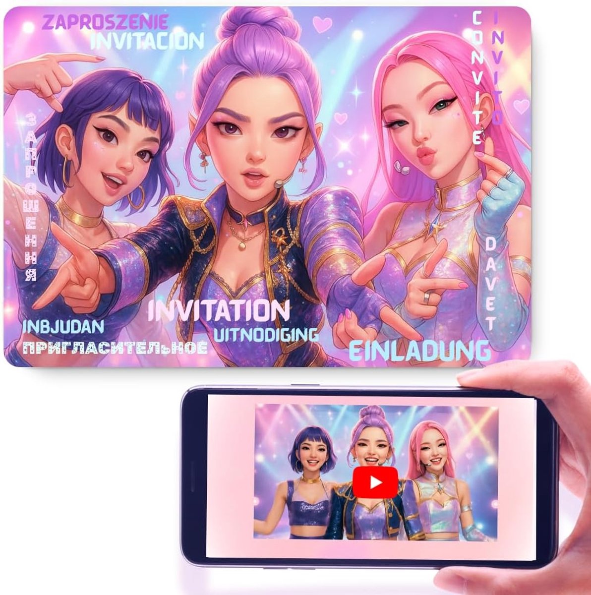 SnelShoppen - WOW-effect K-Pop Verjaardag Uitnodigingskaarten met AR-video Animatie - Interactieve 12 Voorgedrukte Uitnodigingen voor Kinderen en Meis