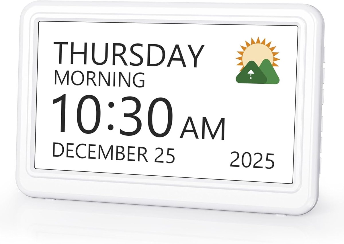 SnelShoppen - Digitale Kalender Klok met 20 Herinneringen en Weckers, 7 Inch, Dimmable, Wit, Ideaal voor Senioren, Dementieklok, Multifunctionele Dag-