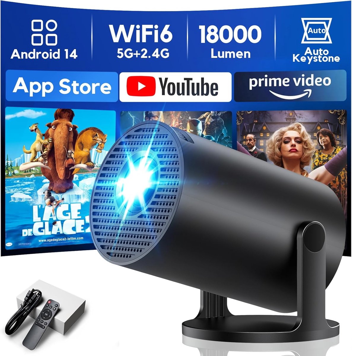 SnelShoppen - Mini Videoprojector met WiFi 6, Bluetooth 5.4, Auto Keystone Rotatie, 180° Rotatie, 1080P, Geschikt voor Feesten, Camping en Thuisgebrui
