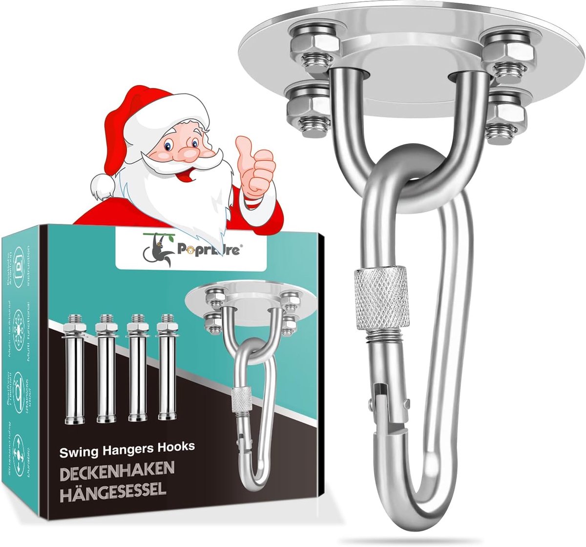 SnelShoppen - Plafondhaken voor Hangstoel, Roestvrijstalen Plafondhouder tot 450 kg, Zware Haken voor Hangmat, Bokszak, Slingtrainer, Yogadoek, Schomm