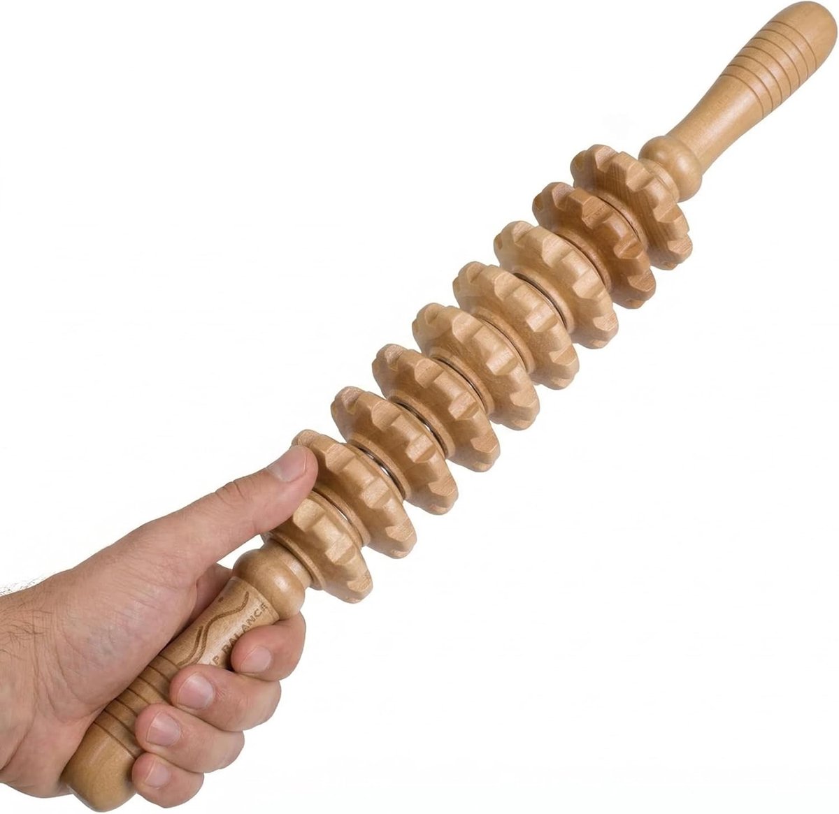 SnelShoppen - Houten Massage Roller Stick met 9 Ringen, Triggerpoint & Myofasciale Verlichting, Schima-hardhout, Ergonomische Handgrepen, Slechts 240