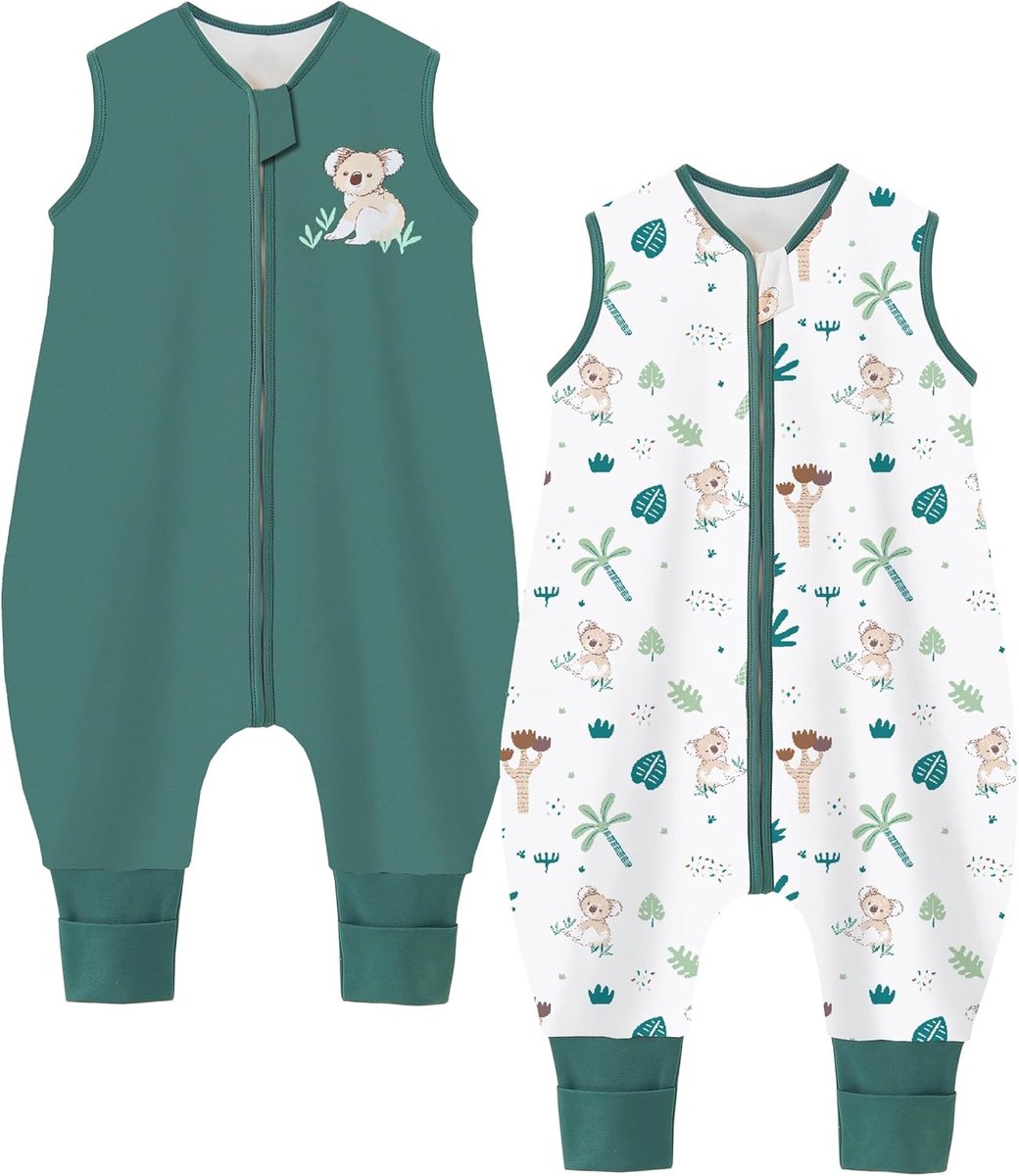 SnelShoppen - Babyslaapzak met Voeten 2 Stuks, 1,5 TOG, 100% Katoen, Ademend en Comfortabel, Koala + Groen, 100 cm, Geschikt voor Babylengte 105-120 c