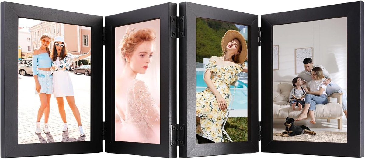 SnelShoppen - Fotolijst voor 4 Foto's 10x15 cm, Opvouwbare Houten Fotolijst, Fotolijstcollage met Scharnieren en Transparante Panelen voor Verjaardags