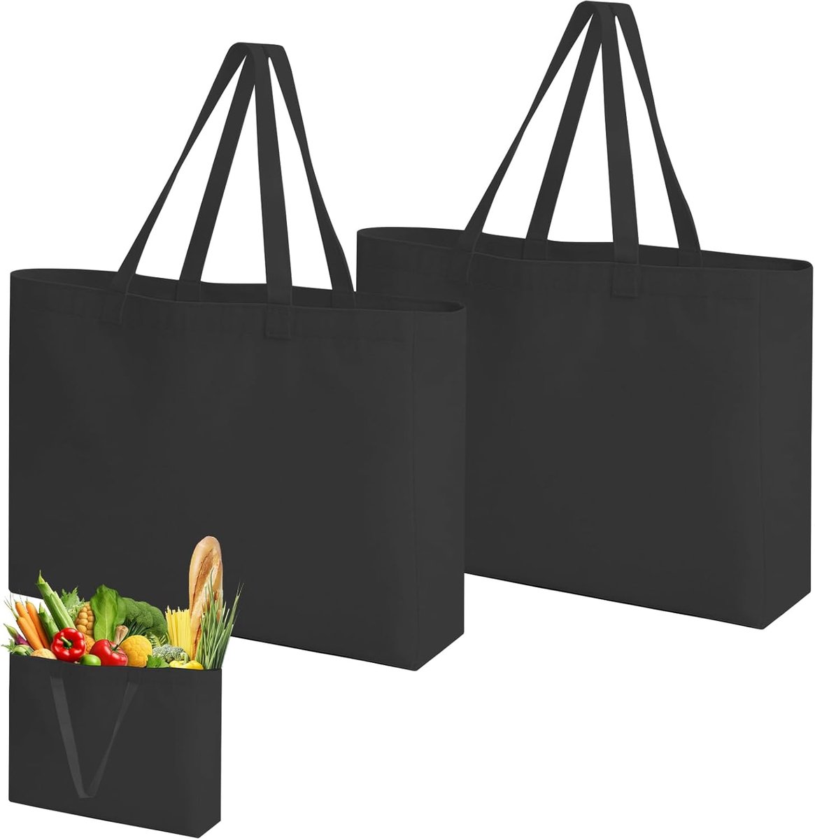 SnelShoppen - 2 Stuks Katoenen Boodschappentassen 45x35x8 cm - Herbruikbare Stoffen Jute Tassen - Ideaal voor Winkelen, Sport en Strand - Onbedrukt Zw