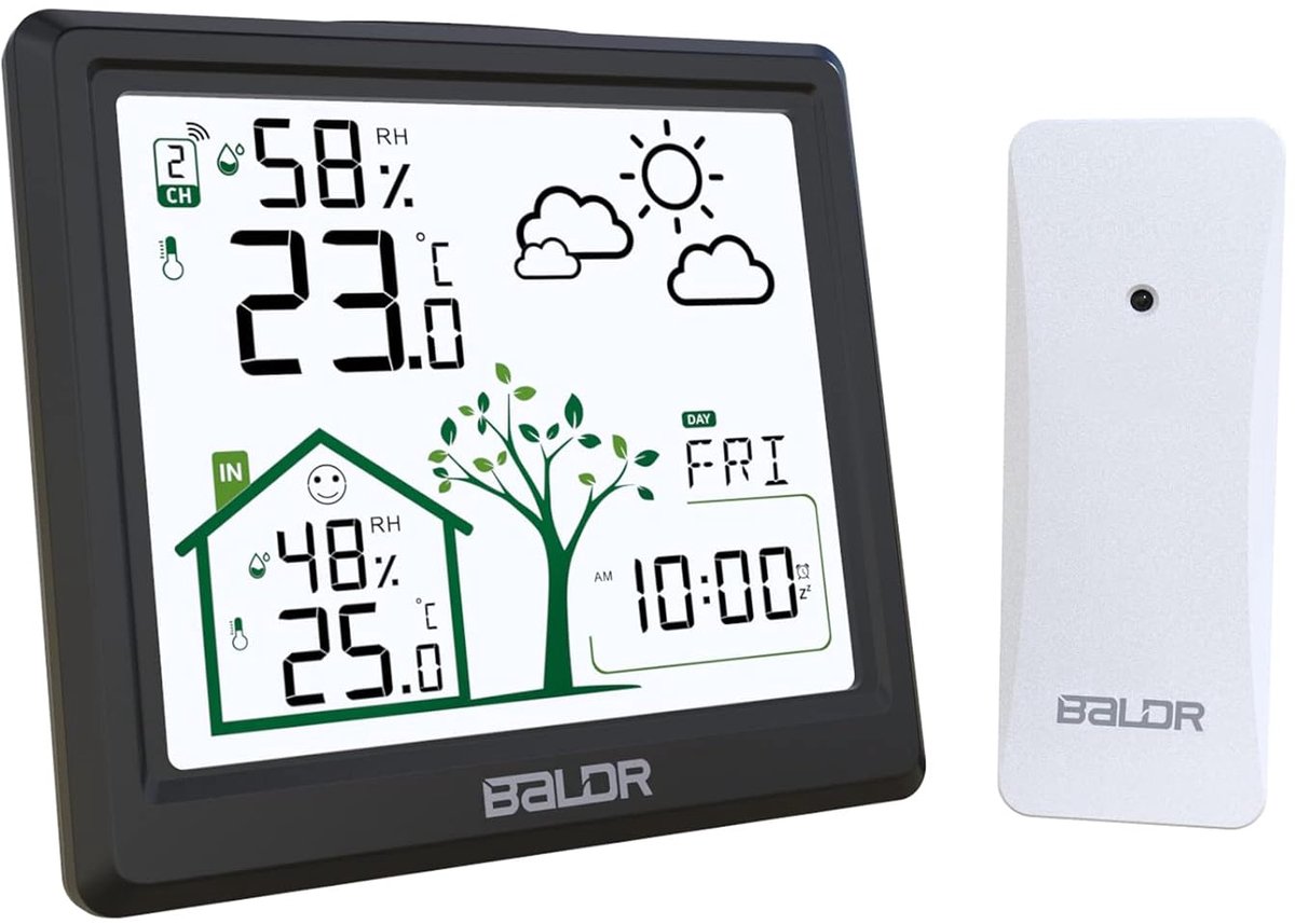 SnelShoppen - Draadloos Weerstation - Thermometer, Hygrometer, Barometer - Binnen en Buiten - LED-sensor - Digitale Klok met Alarm en Snooze - Zwart