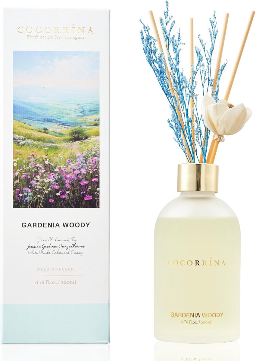 SnelShoppen - Riet Diffuser 200ml Gardenia Woody met 8 Stokjes - Bloemige Huisgeur voor Slaapkamer, Badkamer, Woondecoratie en Kantoorinrichting