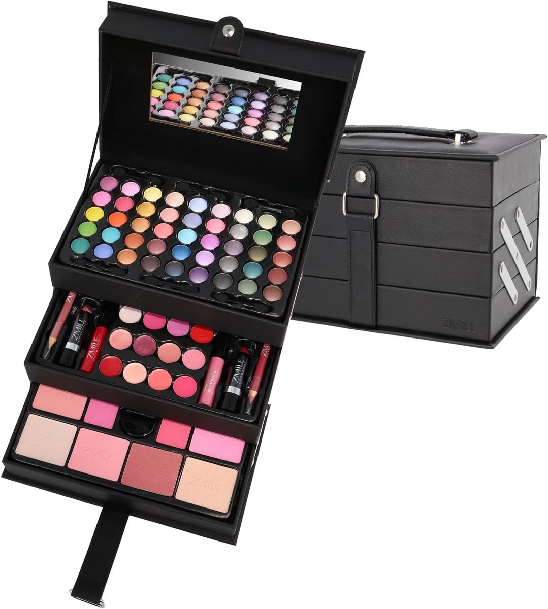 SnelShoppen - Beauty Case Black Make-up Set - Vegan Cosmetica - 45 Oogschaduws, 12 Lipgloss, 6 Rouge, 2 Gezichtspoeder, 2 Lippenstift, Kunstleer, Groo