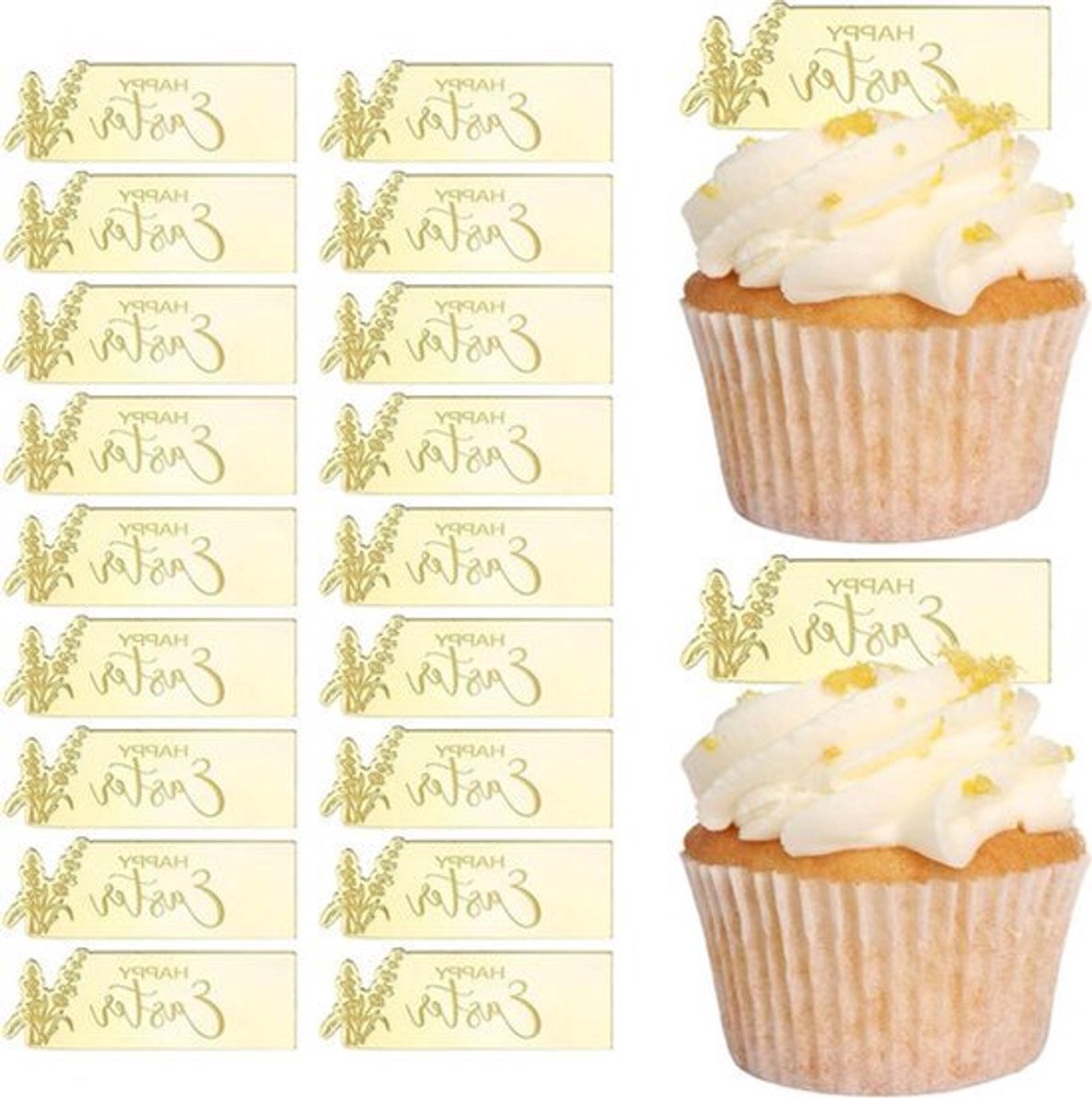 Happy Easter Cupcake Toppers - 30 stuks rechthoekige gouden taarttoppers voor Pasen