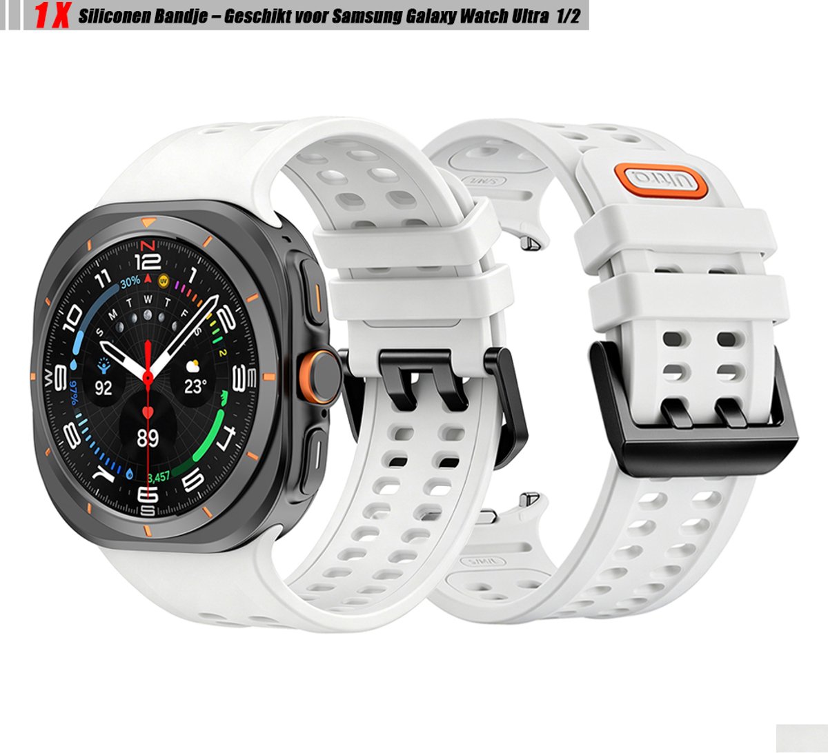 Stravo Zacht Siliconen Bandje – Geschikt voor Samsung Galaxy Watch Ultra 2 47mm (2026) / Ultra 47mm (2024/2025) – Sport Horlogebandje met Dubbele Ventilatiegaten en Gespsluiting – Wit