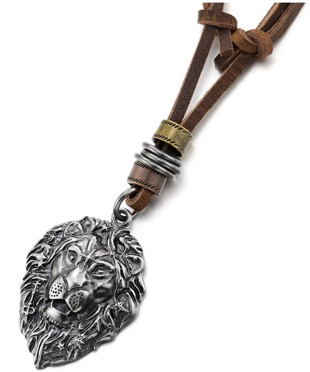 Leeuwenkop ketting voor mannen, vintage houtsnijwerk op leren band, tribale krijger sieraden Koning van de Jungle, Metaal, Geen edelsteen