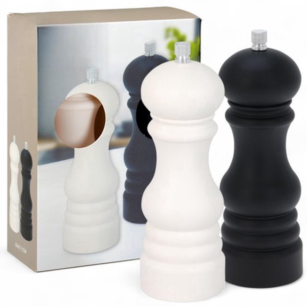Zout- en Pepermolen Set van 2 â€“ Handmatig, 13 cm â€“ Elegant Design in Zwart en Wit â€“ Polystyreen Specerijmolens â€“ Infinitely Verstelbare Molen