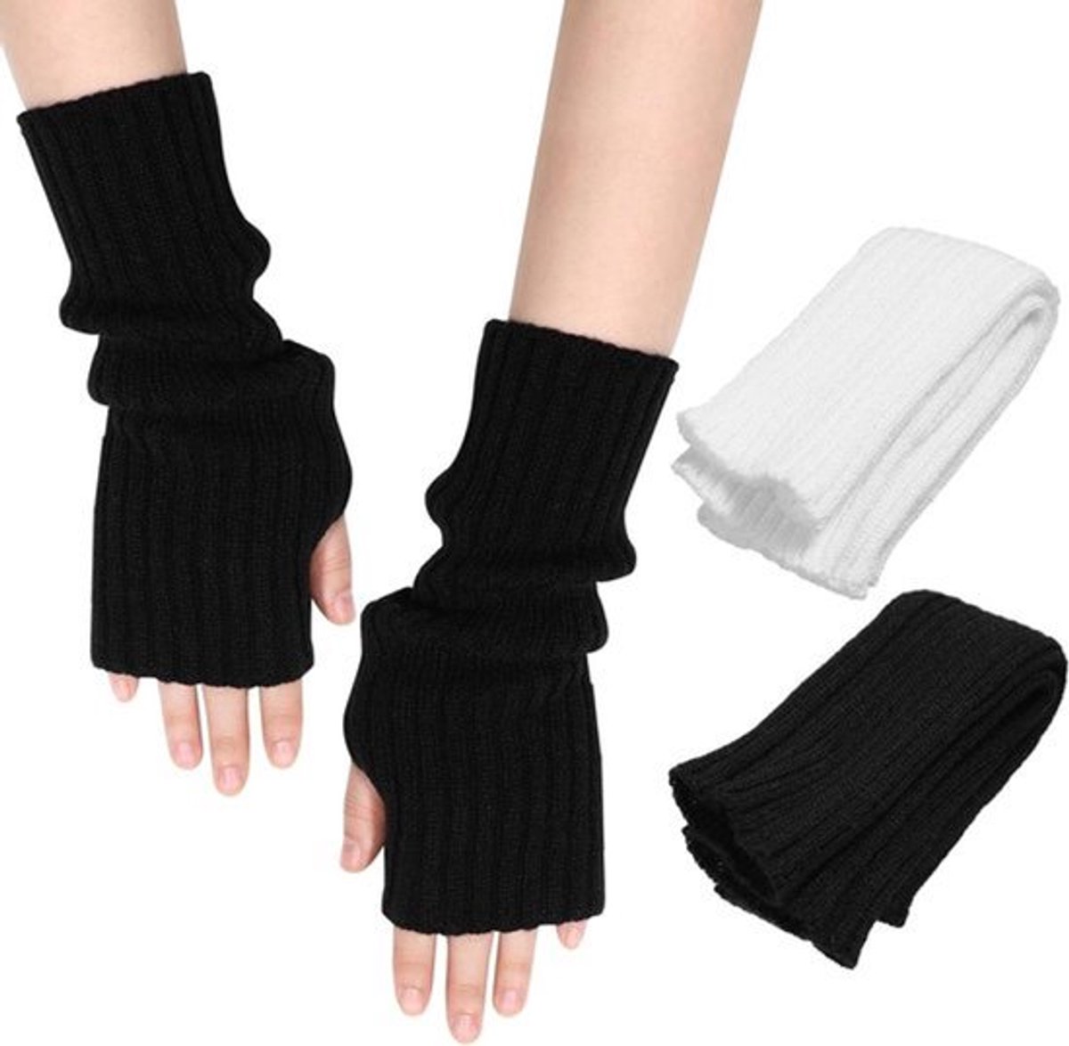 Vingerloze handschoenen armwarmers polswarmers voor dames met duimgat - Gebreide handmanchetten winterhandschoenen (wit + zwart) - One Size