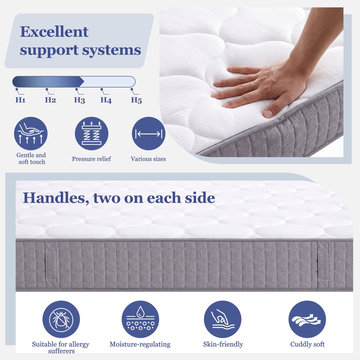 MIVRAY Pocketveringmatras 140x200 cm - 7 Zones H3 met Ergonomische Ondersteuning en 25 cm Hoogte - Ademend - Polyester - Wit thumbnail 3