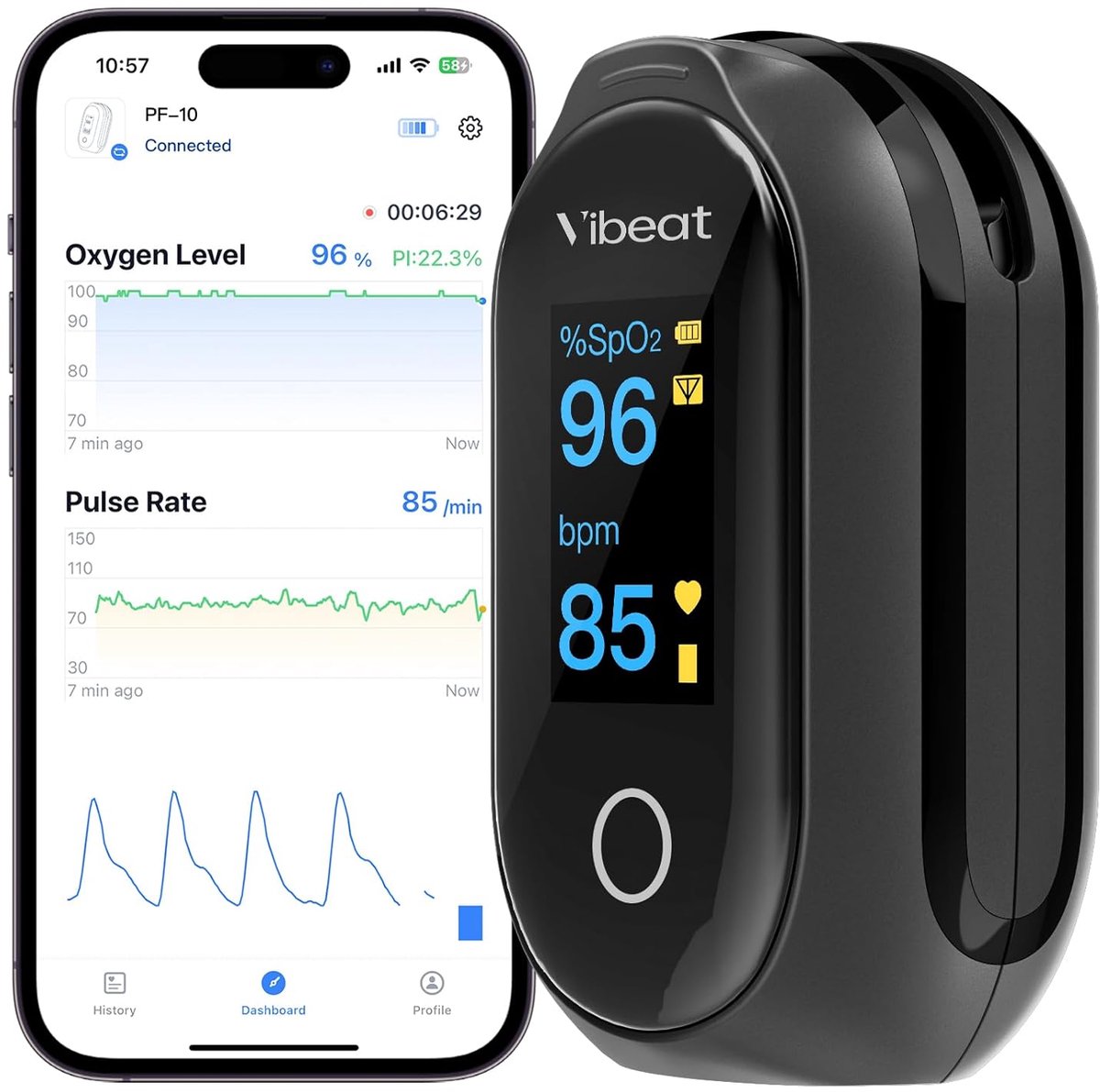 SnelShoppen - Bluetooth Pulsoximeter Vingertop Zuurstofmonitor met Continue Modus, Oplaadbaar, 80 Uur Dataregistratie, Automatische Datasync, Gezondhe