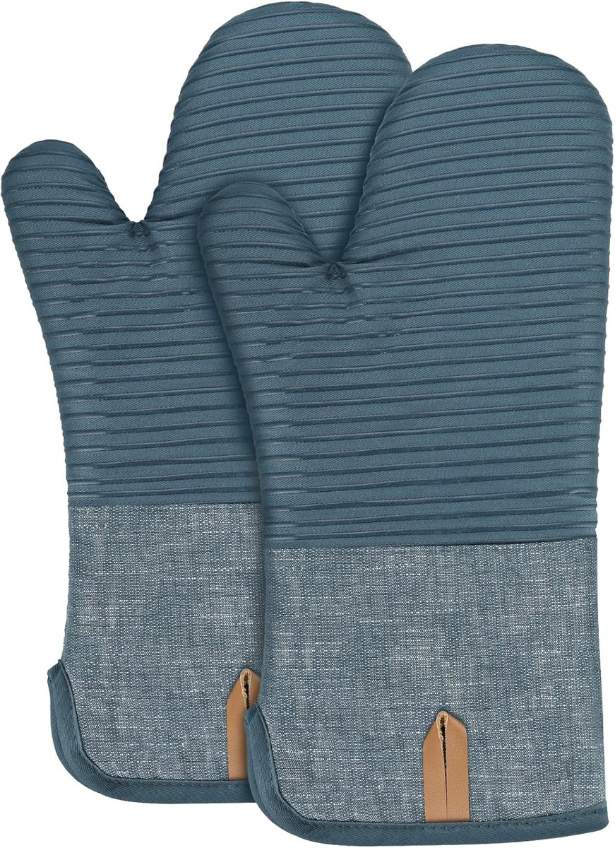 SnelShoppen - BONTHEE Ovenhandschoenen - Hittebestendige Kookhandschoenen - Extra Lange Katoenen Bakhandschoenen - Anti-Slip Siliconen Gestreept - Set