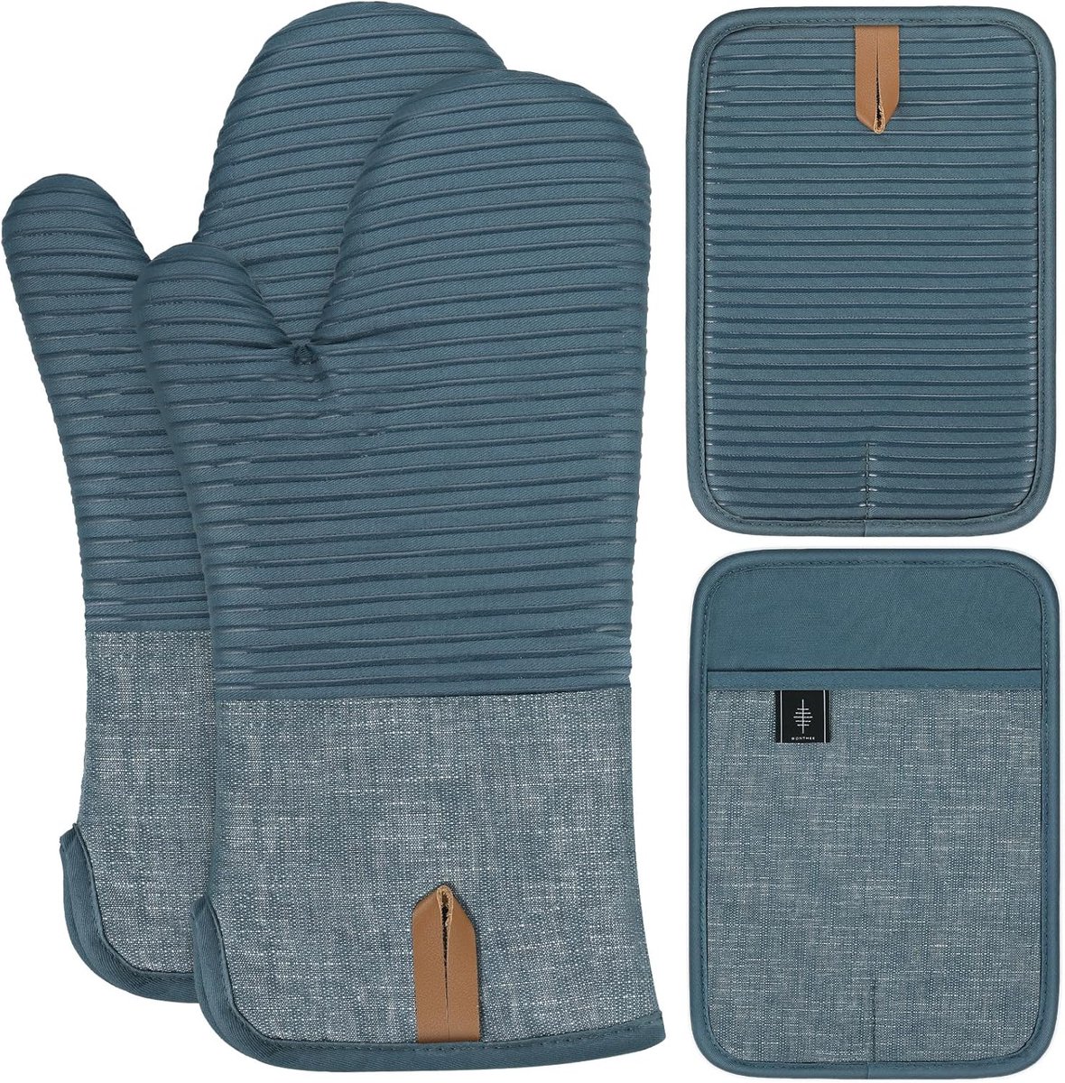 SnelShoppen - BONTHEE Pannenlappen Set Ovenwanten Extra Lang Pothandschoenen met Anti-Slip Siliconen - 4-delige Set Blauw voor Koken Bakken - Hittebes