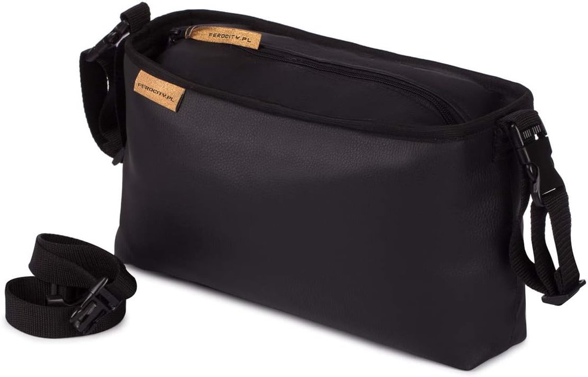 SnelShoppen - Buggy Organizer Kinderwagen Tas - Geschikt voor Alle Kinderwagens - Eco-leer - Glad Zwart - Multifunctionele Organizer met Ruimte voor F