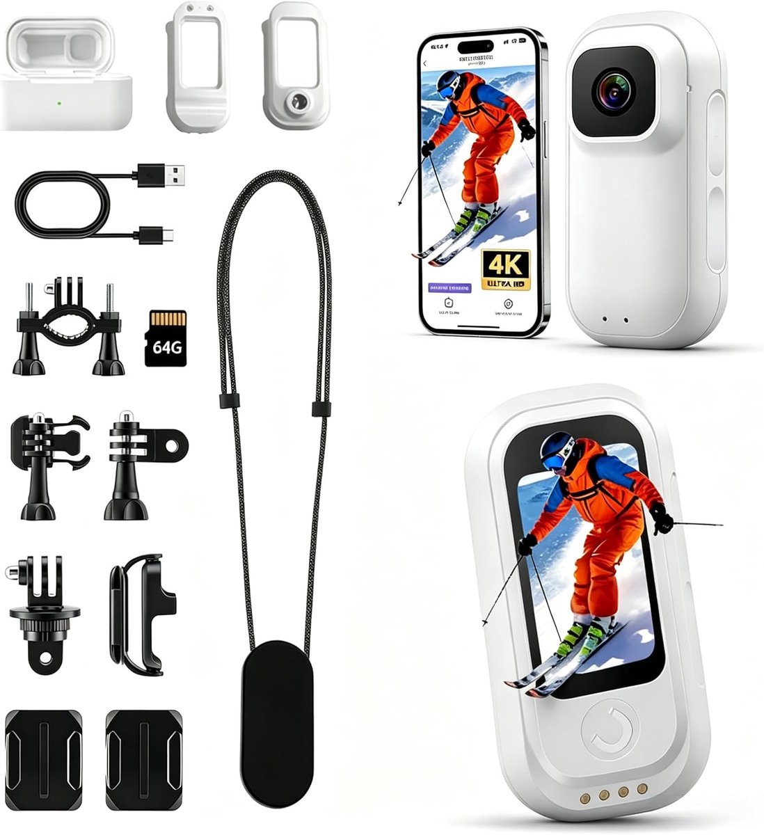 SnelShoppen - Actiecamera Mini 360° 1080p - Waterdichte Sportcamera tot 30m - Wifi & App Compatibel voor Vloggen, Motor, Fiets & Paardrijden - Complet
