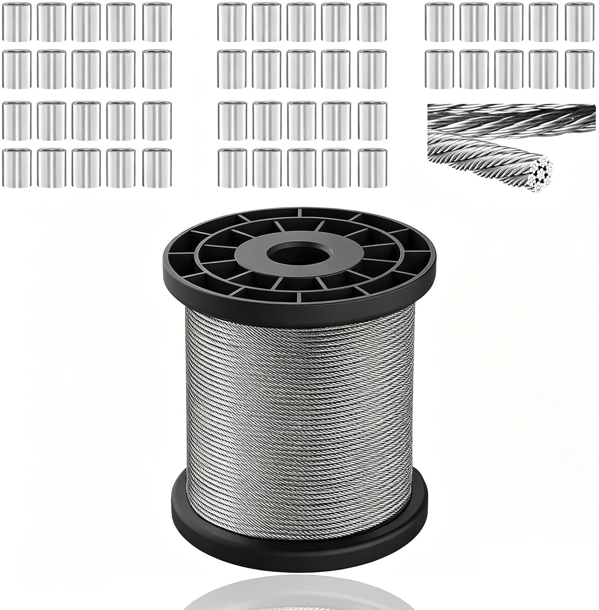 1 mm stalen draadkabel - 50 m staalkabel - 304 roestvrijstalen kabel - met 50 aluminium krimphulzen - 7x7 strengs flexibel gordijnkoord - geschikt voor waslijnen, hekverlichting, kroonluchters en meer