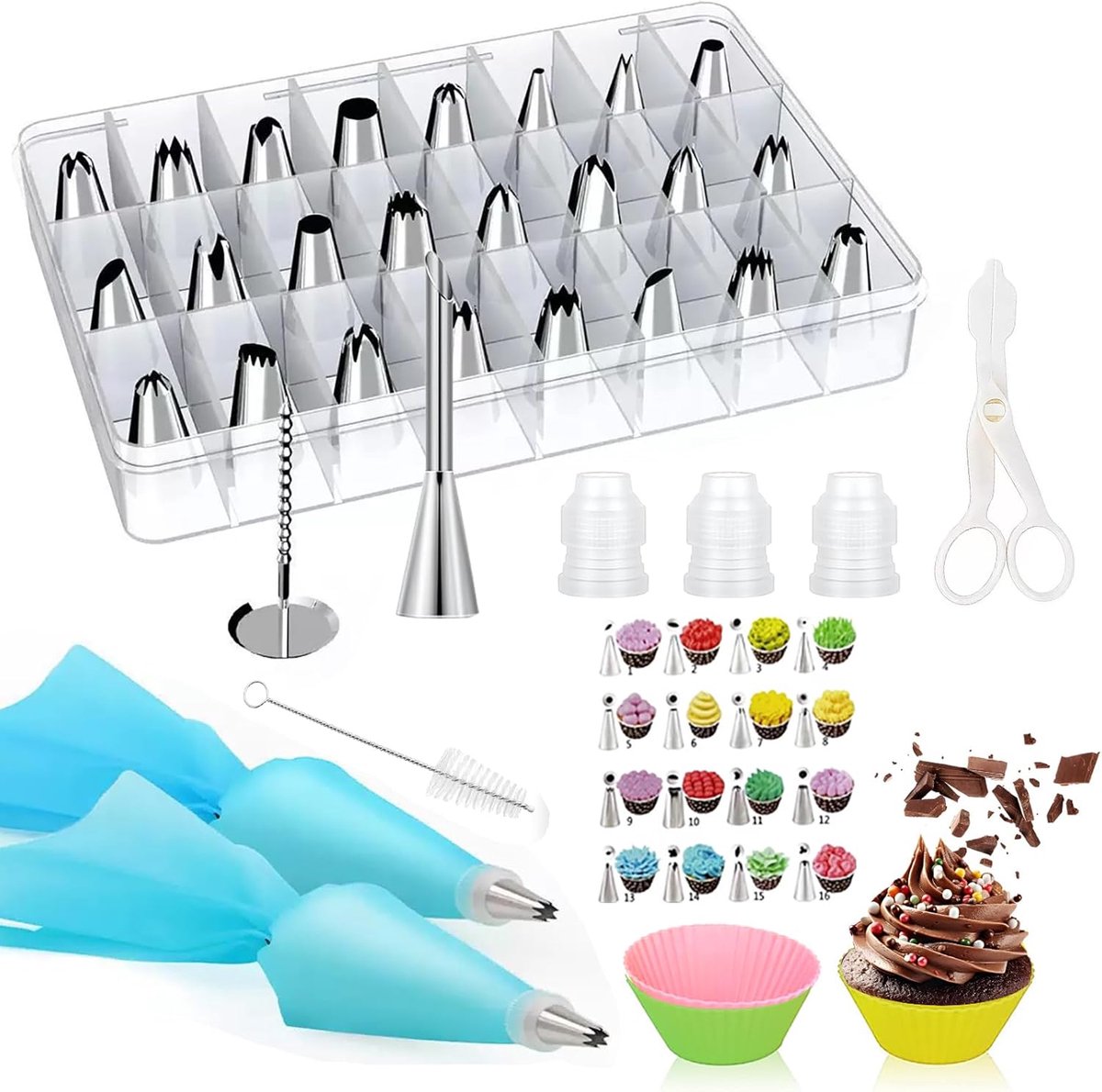 SnelShoppen - Taartdecoratie Set 9-delig - Professionele Spuitnozzles, Taartschrapers, Herbruikbare Spuitzakken voor Gebak en Taart Decoreren in Keuke