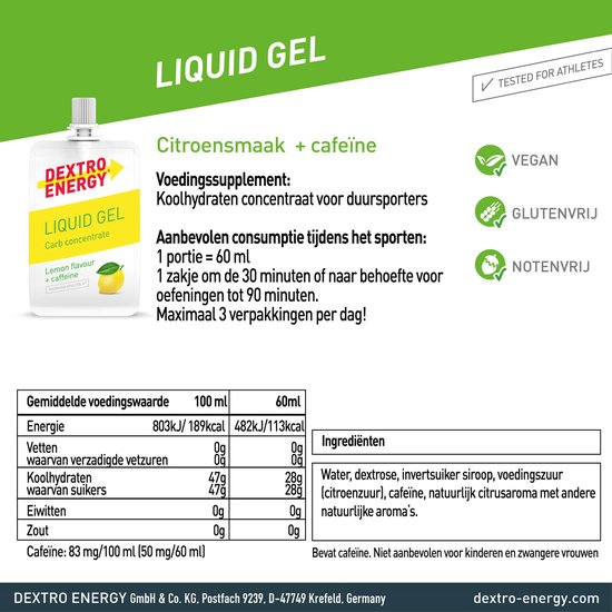 Dextro Energy Liquid Energy Gel - Citroen + Caffeine - Sportgel - Energie Gel - 18 x 60 gram — afbeelding 3