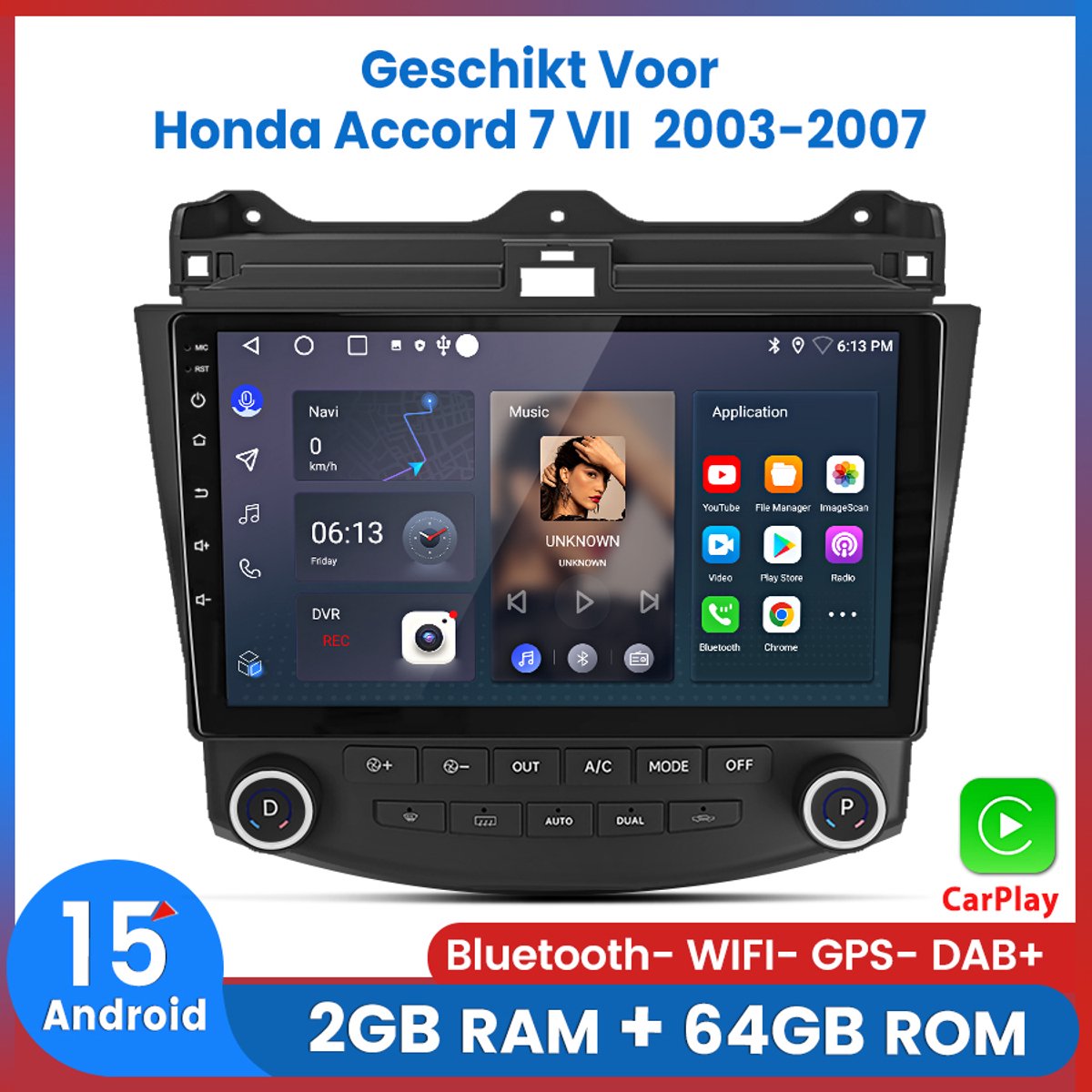 Awesafe Geschikt Voor Honda Accord 7 VII (2003 t/m 2007）- 2+64GB 4Core - 10.1 inch Android 15.0 CarPlay Autoradio - Draadloos CarPlay & Android Auto - Bluetooth & WiFi - GPS Navigatie - Ram 2GB + Rom 64GB - 2003 2004 2005 2006 2007