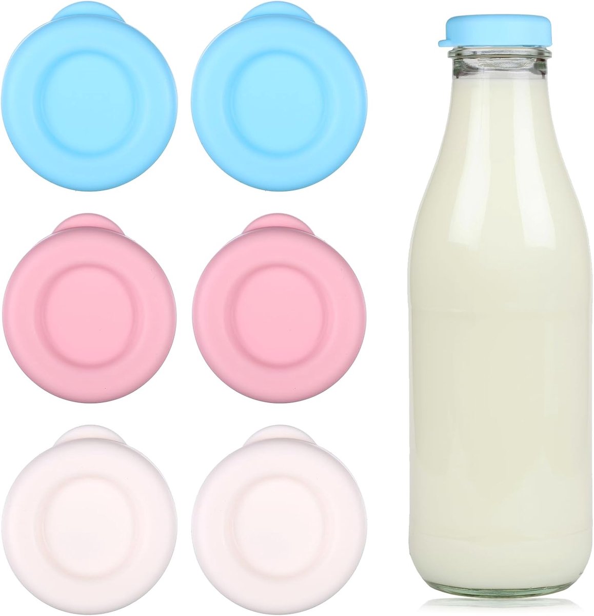 SnelShoppen - 6 Stuks Siliconen Melkflesdoppen - Herbruikbare Kleurrijke Deksels voor Glazen Flessen - Blauw, Roze, Beige - Ideaal voor Keuken en Eten