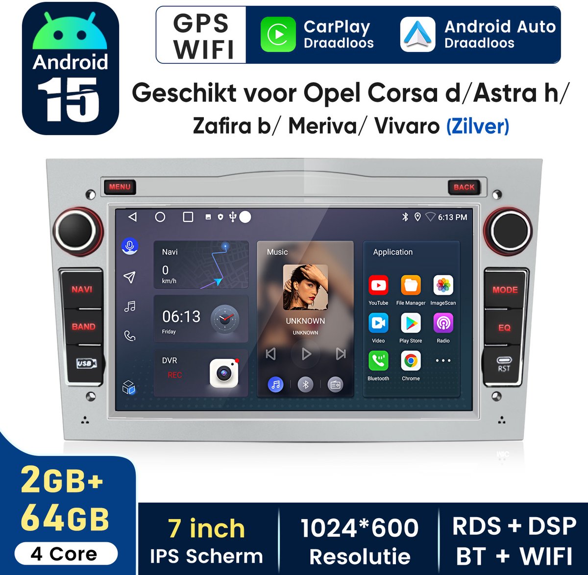 HexinexMarket - Zilver Autoradio Geschikt voor Opel Astra H Corsa D Meriva Zafira B - Draadloos CarPlay Android Auto multimediaspeler GPS Navi - 2GB+64GB