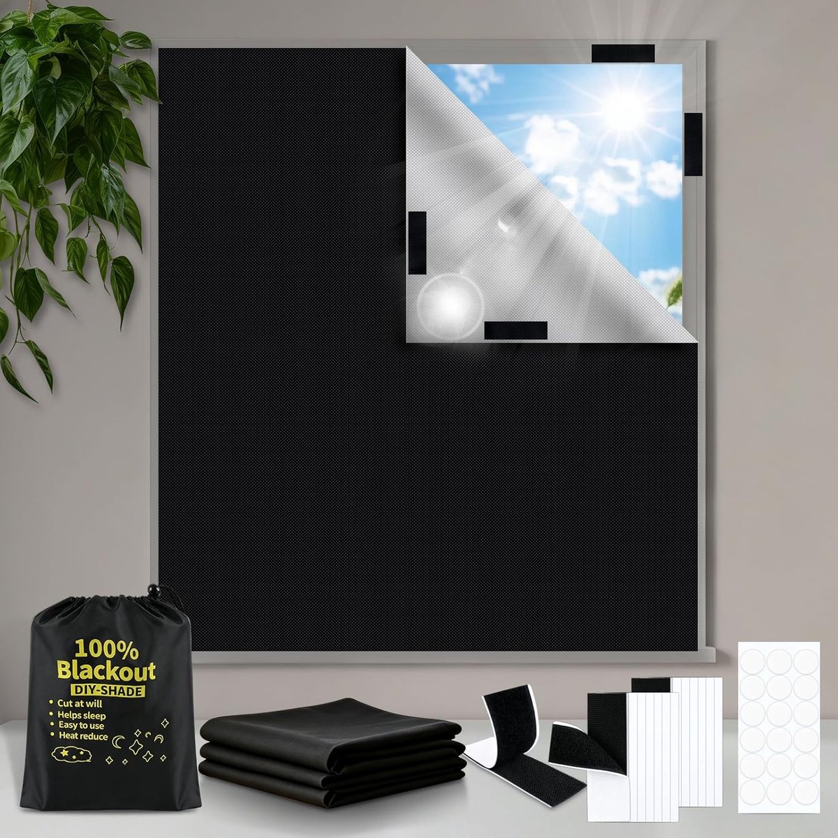 SnelShoppen - Raamverduistering 300 x 145 cm Zonnebescherming 100% lichtondoorloopelijk, Verduisteringsrol 420D Oxford Zonder Boren, Ideaal voor Vakan