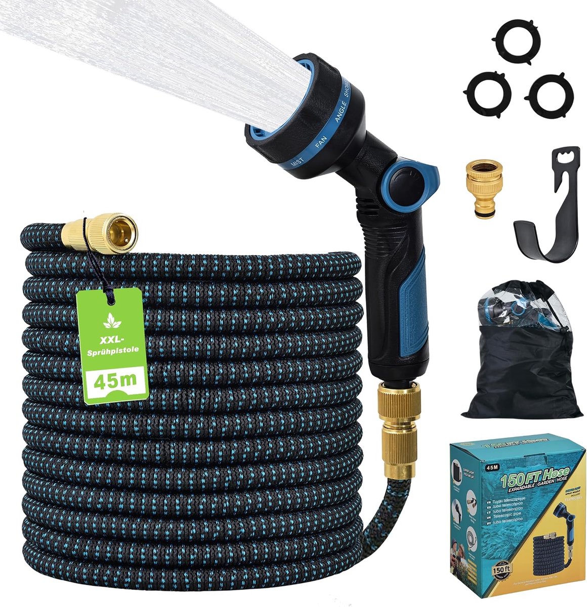 SnelShoppen - Flexibele Tuinslang 45m, Automatisch opwindbaar met XXL-Pistool (24cm), 10 Straalstanden, Dubbele Metalen Connector (1/2" & 3/4"), TPE 2