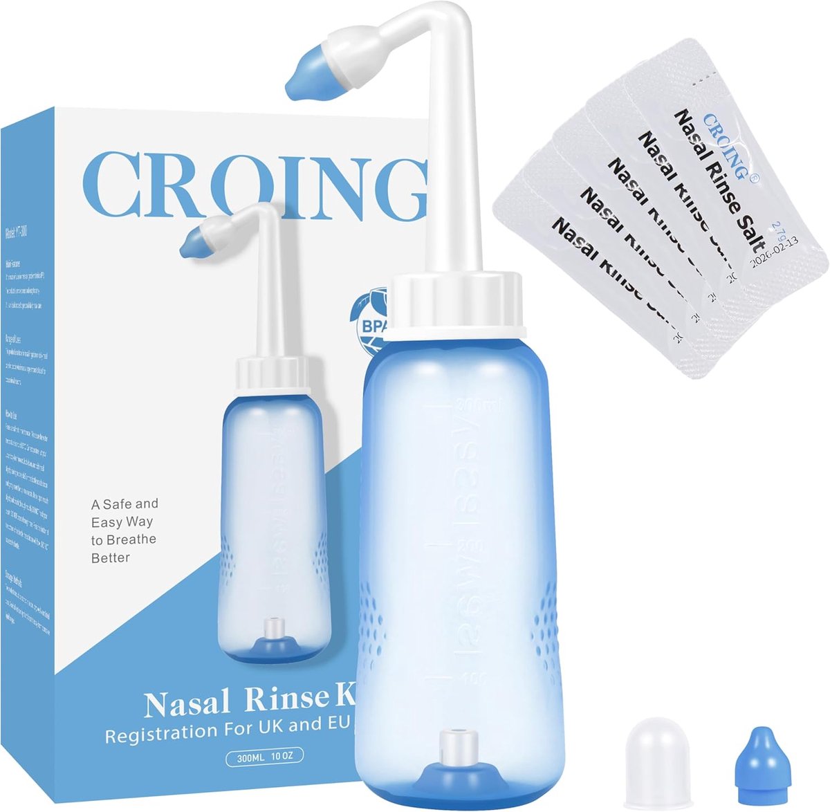 SnelShoppen - Neusdouche Zout + Neusdouchefles 300 ml - Neti Pot - Neusspoeling - Sinus Rinse - Voor Effectieve Neusreiniging en Allergieën