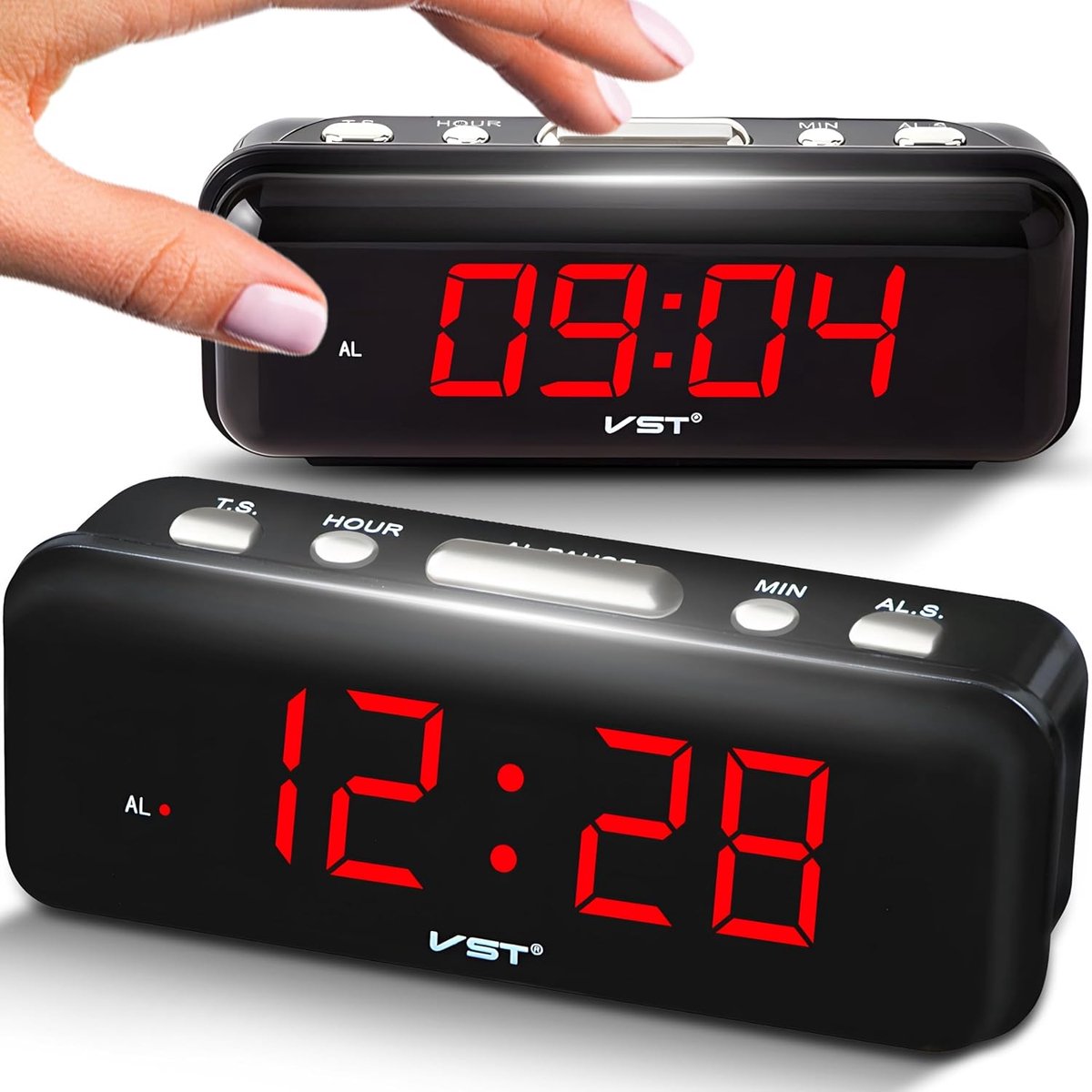SnelShoppen - Digitale wekker met rode LED cijfers, alarm functie, snooze, 24-uurs tijdsweergave, kunststof, zwart voor bureau, slaapkamer, keuken en