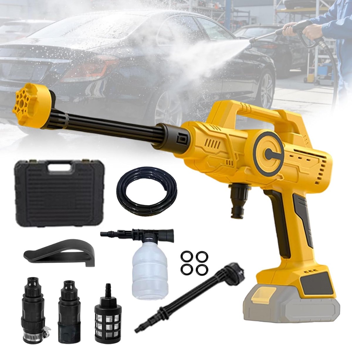 SnelShoppen - Accu-hogedrukreiniger 20V, 6-in-1 Waterpistool, Borstelloze Hoge Druk, Multifunctionele Sproeikaters, Eenvoudige Installatie voor Tuin,