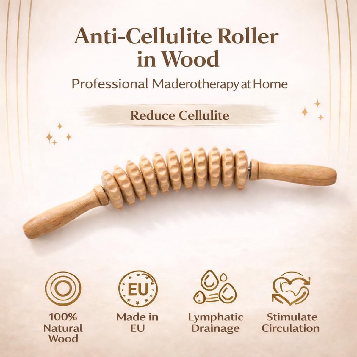 SnelShoppen - Houten Anti Cellulitis Massage Roller Tool 40 cm - Maderotherapie Massager - Verwijder Cellulitis en Vet - Ideaal voor Thuisgebruik