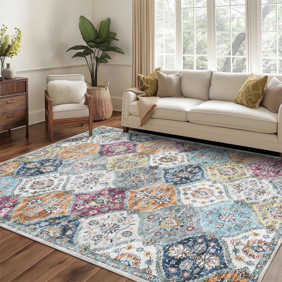 Vintage bloemen vloerkleed - 200x290cm - Marokkaans traliewerk vloerkleed voor de woonkamer - Geelpaars